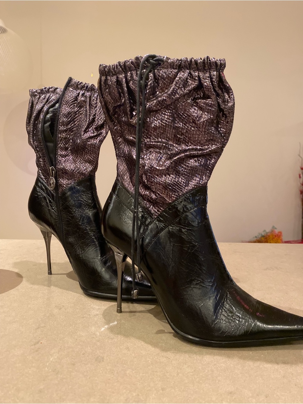 Leather Women's Metallic Purple and Black Stiletto Ankle Boots - Picture 1 of 4